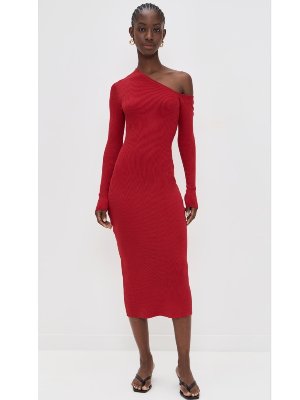 STAUD Lois Dress: One-Shoulder Red Ribbed Midi Dress